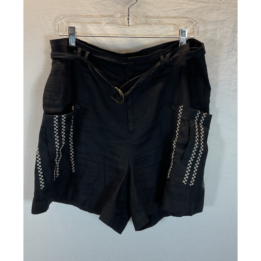 Johnny Was Shorts Size M Womens Black Linen Embroidered High Rise Belted